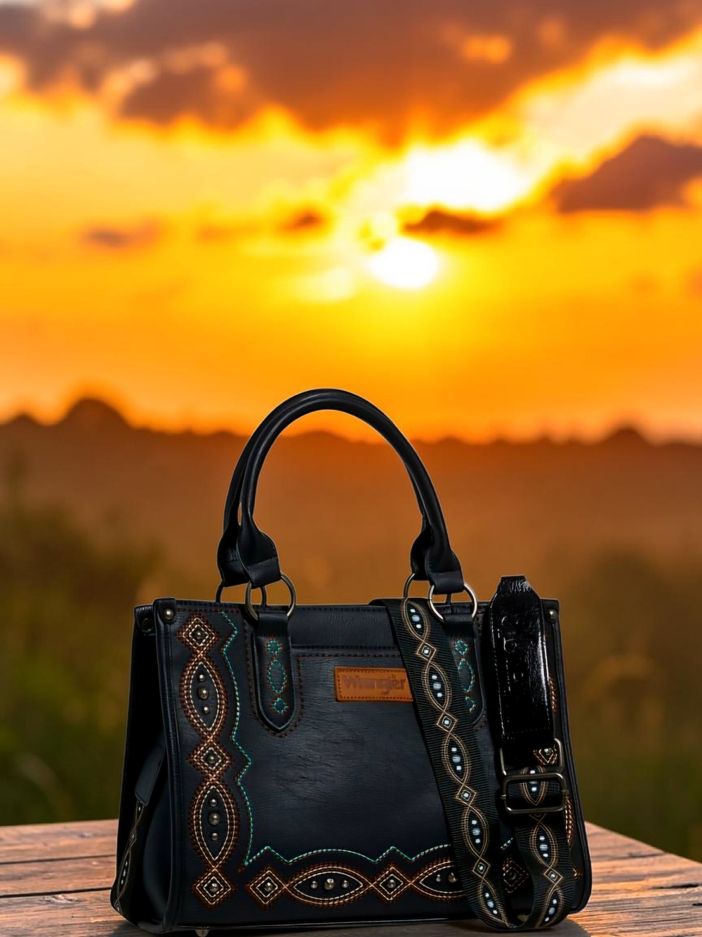 NEW Wrangler Black Stud and Stitch Satchel (HxWxD): 9.5x13x4 Inches  NWT